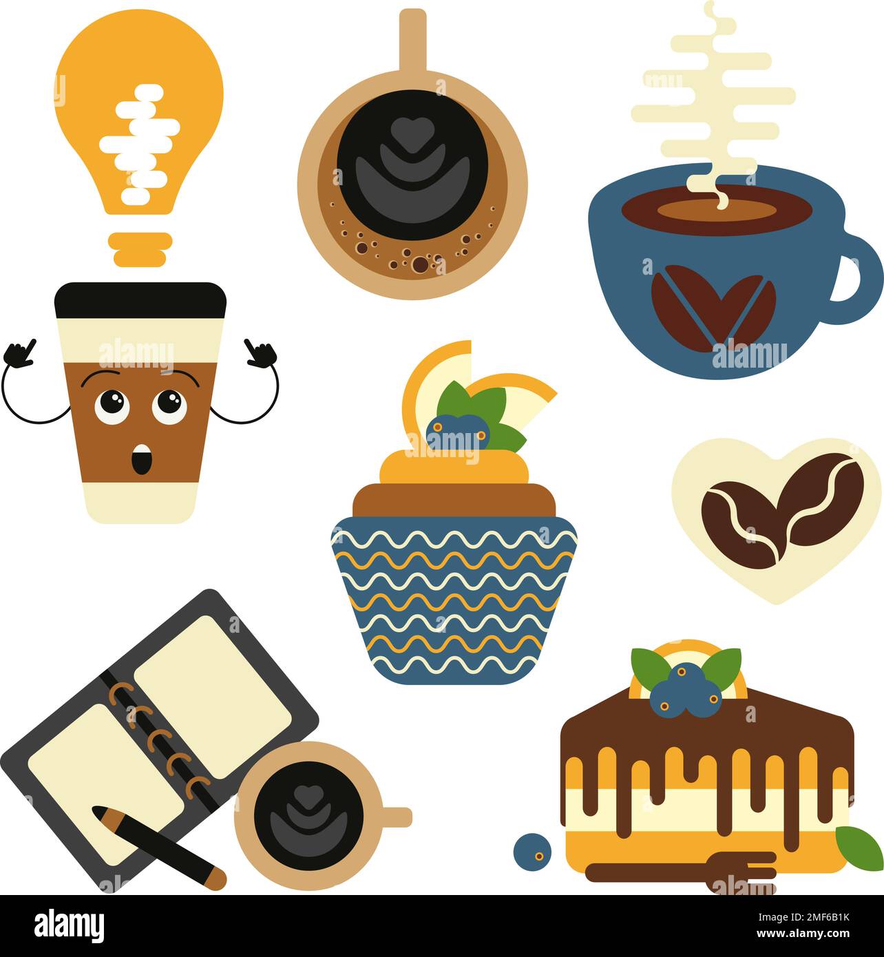 Ensemble de dessins animés vectoriels de tasses à café et de produits de boulangerie à la farine douce. Collection café et bonbons. Illustration de Vecteur