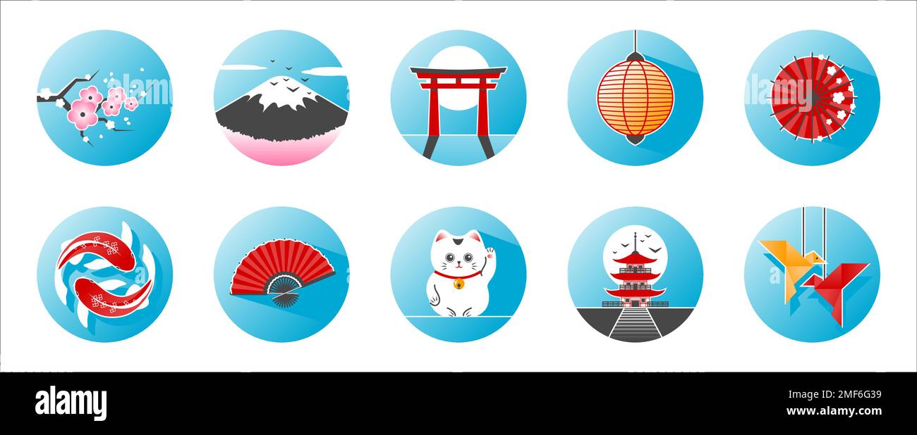 Icônes japonaises définies. Éléments de la culture orientale. Illustration de Vecteur