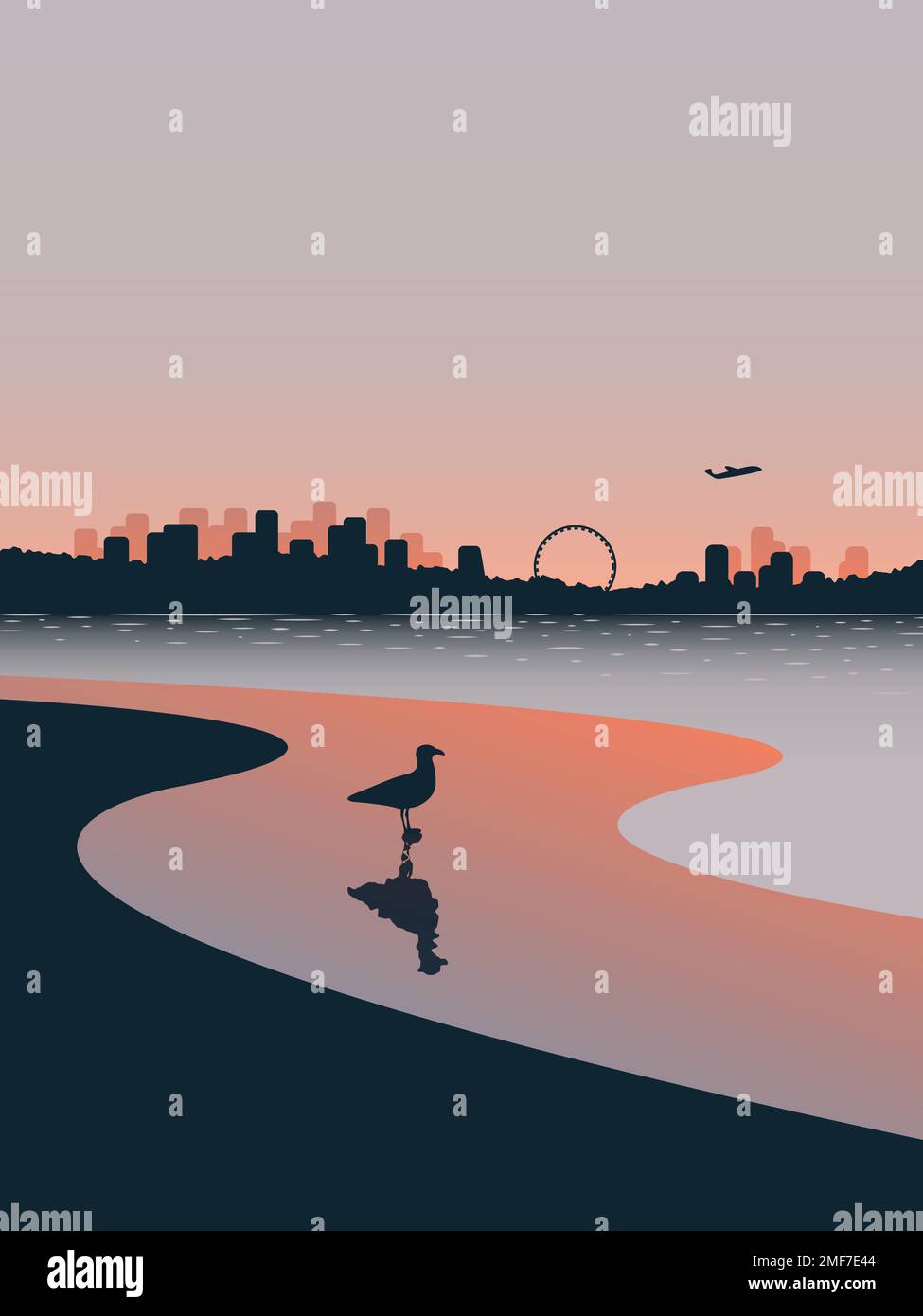 Silhouette mouette et littoral urbain au crépuscule. Paysage urbain sur fond de coucher de soleil. Illustration de Vecteur