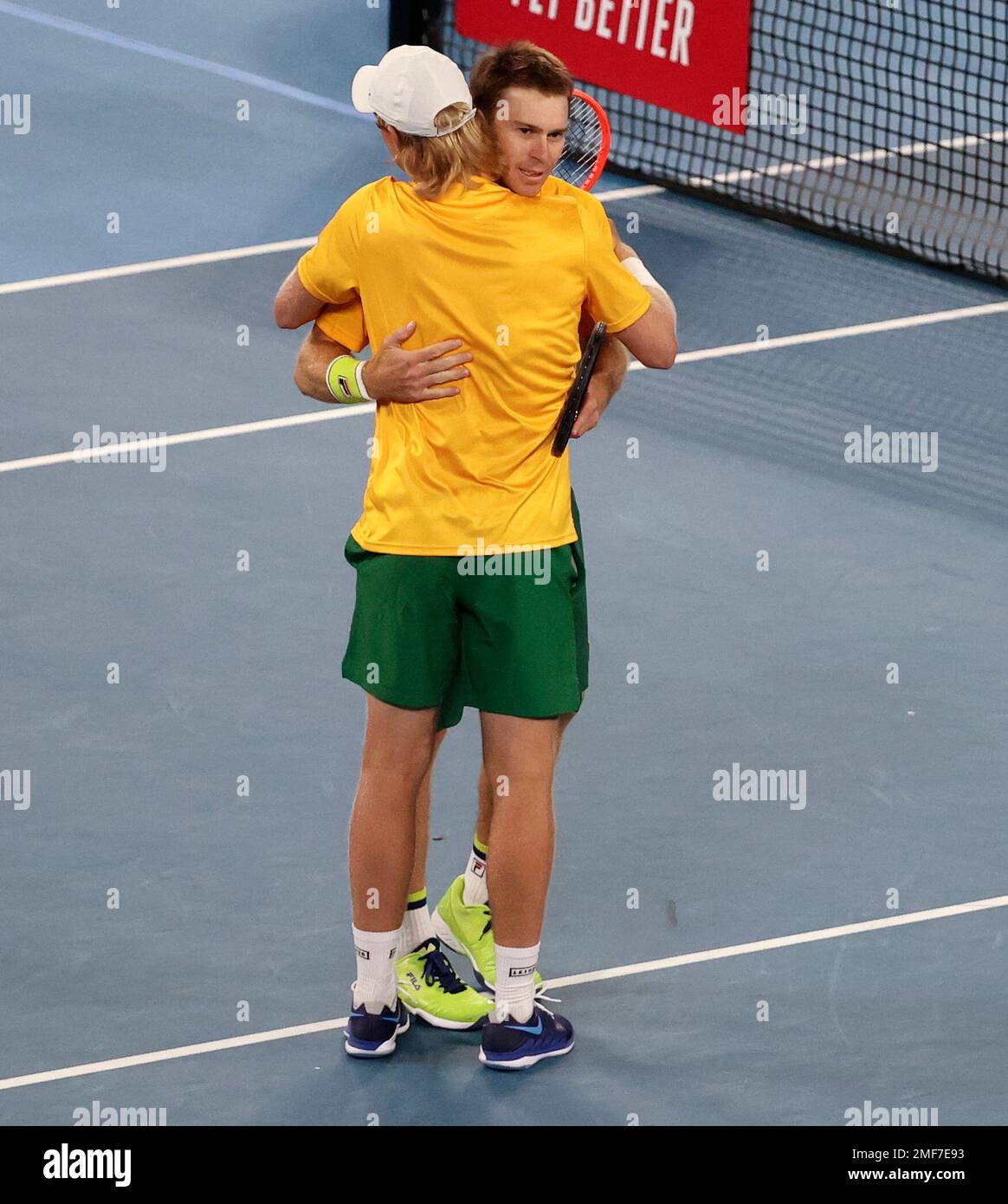Australia's John Peers and Luke Saville celebrate after defeating Greece's Stefanos Tsitsipas and Michail Pervolarakis in their ATP Cup match in Melbourne, Australia, Wednesday, Feb. 3, 2021. (AP Photo/Hamish Blair) Banque D'Images
