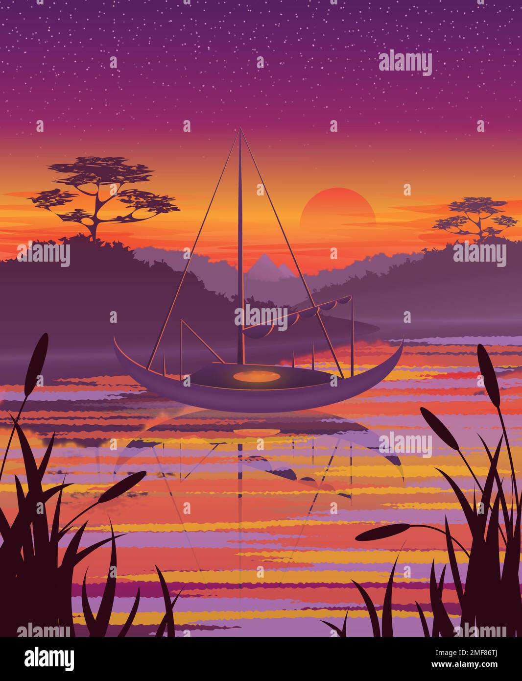 Bateau sur le fond du paysage tropical de coucher de soleil. Illustration de Vecteur