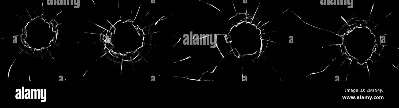 Trous de balle dans la vitre sur fond noir. Définir. Arrière-plan ou texture naturel abstrait. Banque D'Images