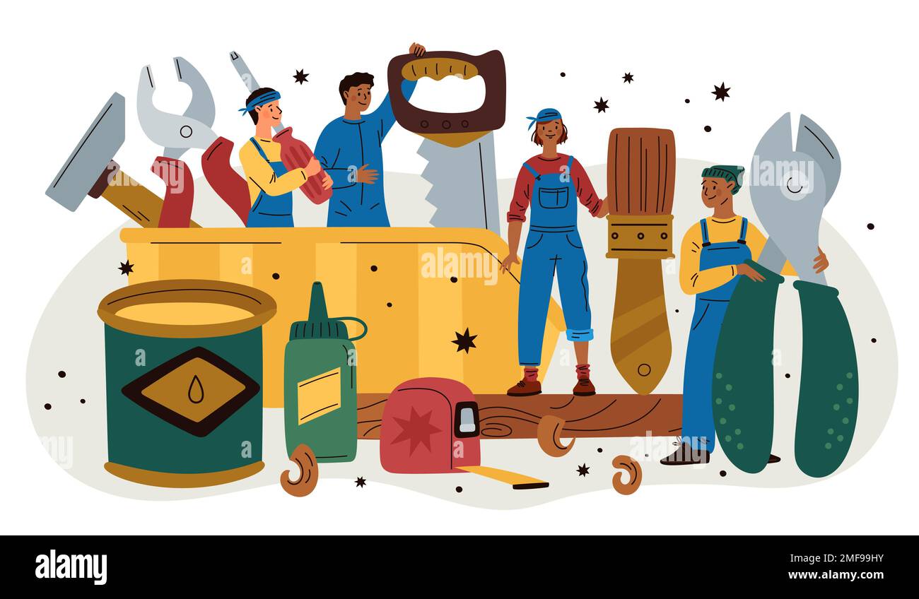 Mécanique minuscule. Des travailleurs heureux font équipe avec des outils de réparation professionnels. Pince et scie. Coupe-fils et fleitz. Boîte à outils Workman. Constructeurs en combinaisons Illustration de Vecteur