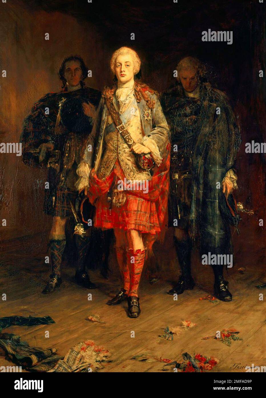 Bonnie Prince Charlie entre dans la salle de bal de Holyroodhouse flanquée de Donald Cameron de Lochiel et Alexander Forbes, Lord Pitsligo, peint par John Pettie, vers 1892 Banque D'Images
