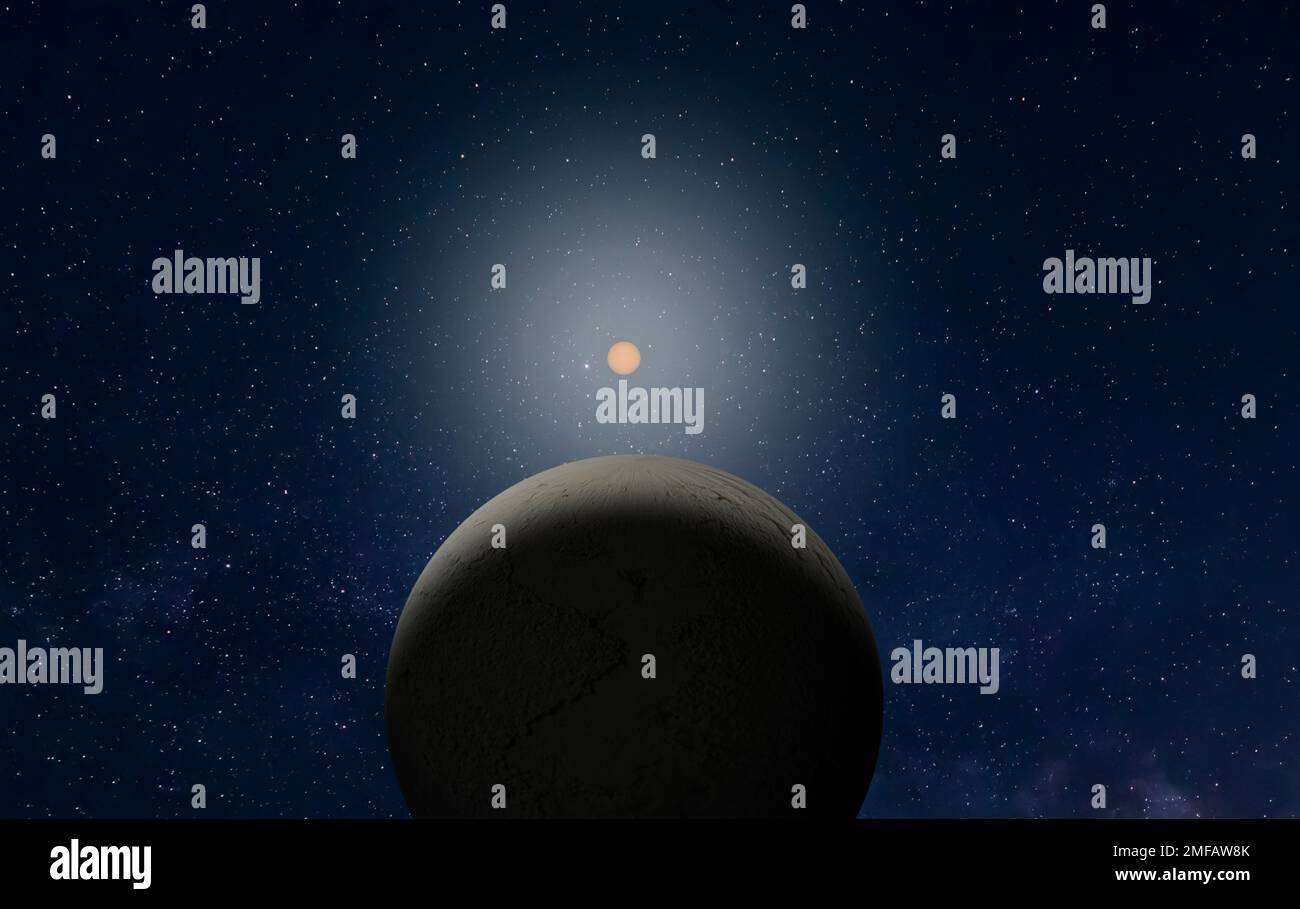 Une nouvelle exoplanète rocheuse potentiellement habitable, avec des cratères et une atmosphère. Arrière-plan avec étoile lumineuse et voie lactée Banque D'Images