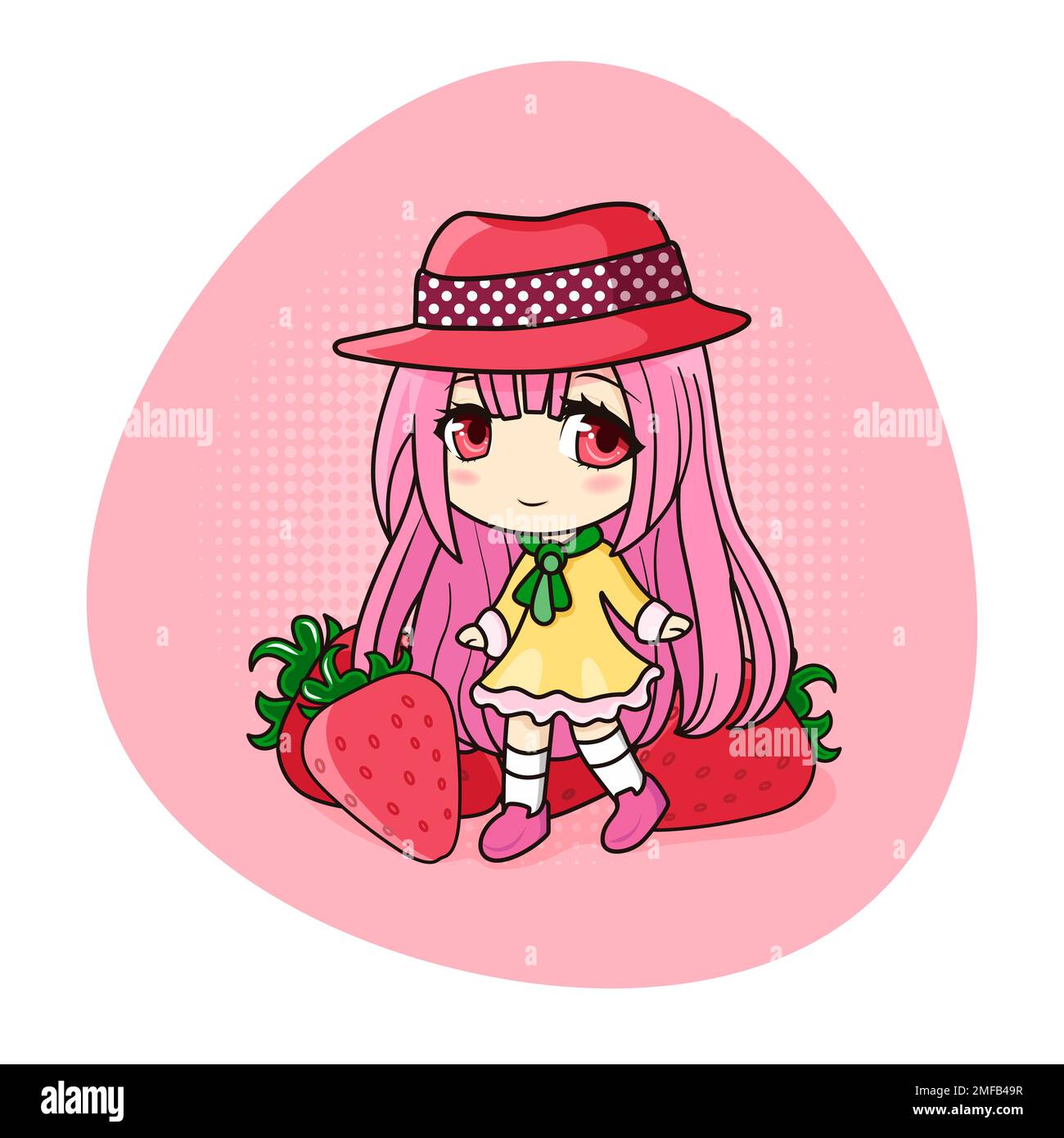 Mignon et kawaii anime fille. Chibi avec fraises. Illustration de Vecteur