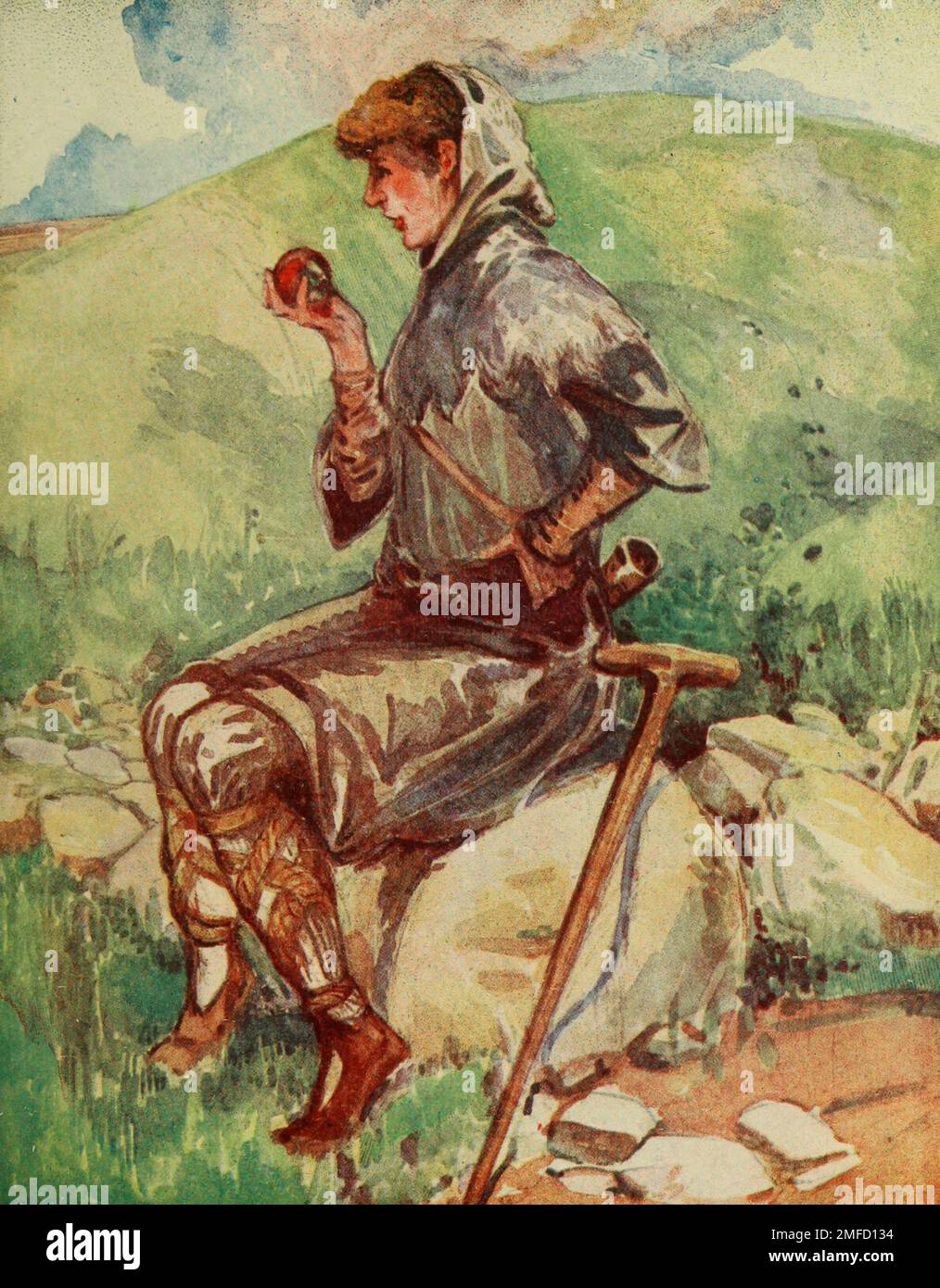 Paysan du début de l'Angleterre (William I - Henry III) sa cagoule est faite de peau de mouton, la laine à l'extérieur, l'ourlet découpé en points. Ses jambes sont reliées par des jarres de paille tressée. Ses chaussures sont de la plus grosse fabrication de cuir grossier. Il a la corne du berger claquant sur son épaule à partir du livre « English Costume » de Dion Clayton Malthrop, 1878-1937 Date de publication 1907 Éditeur London, A. & C. Black Banque D'Images