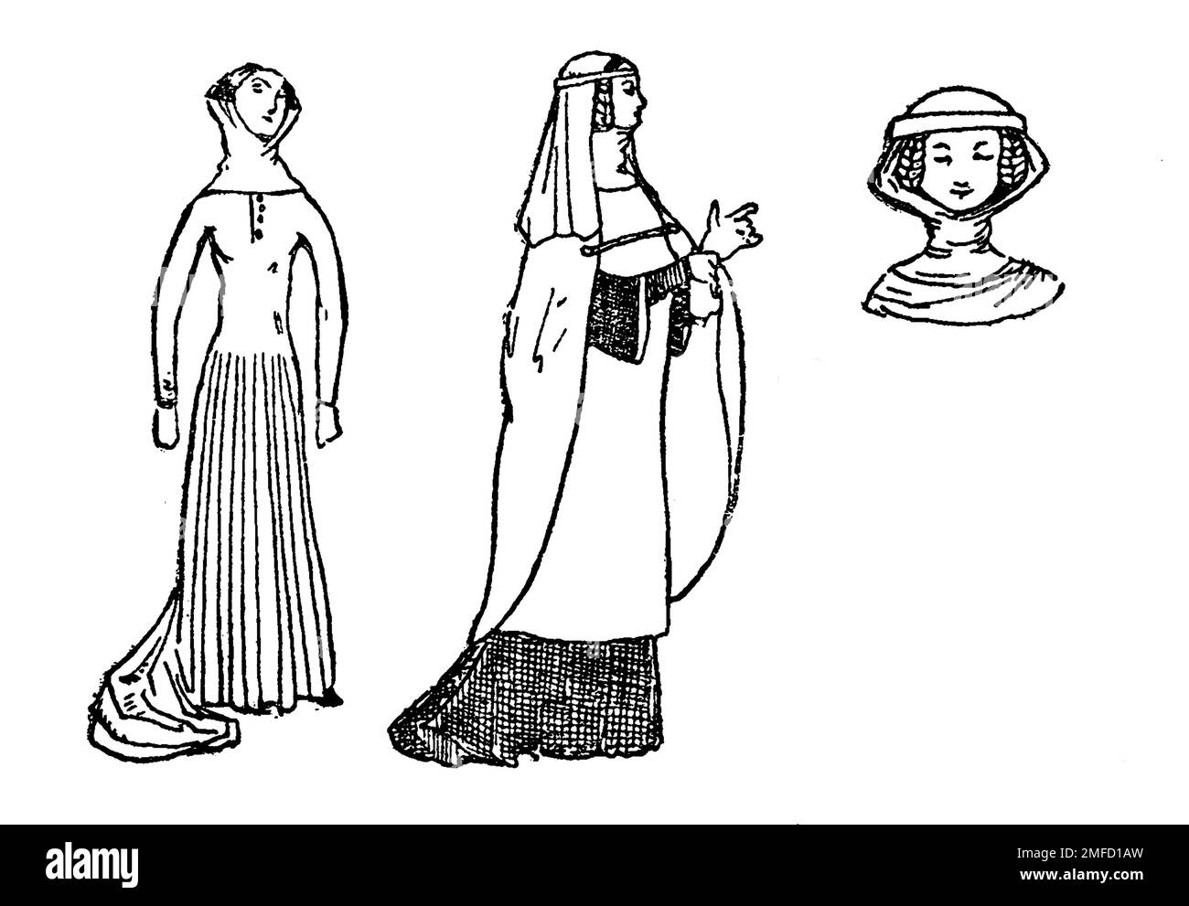 Costumes féminins de l'époque d'Edward II 14th Century (1307 - 1327) du livre « English Costume » de Dion Clayton Malthrop, 1878-1937 Date de publication 1907 Éditeur London, A. & C. Black Banque D'Images