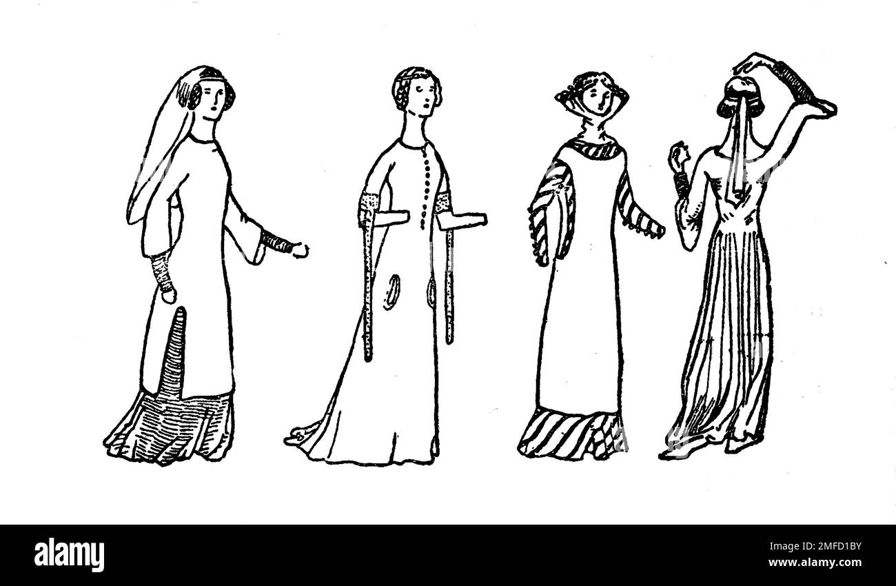 Dessin au trait des robes féminines du 14th siècle du livre 'French Costume' par Dion Clayton Malthrop, 1878-1937 Date de publication 1907 Éditeur London, A. & C. Black Banque D'Images