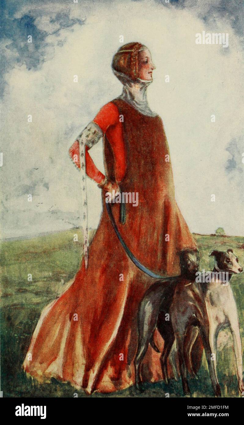 Une femme de l'époque d'Edward III (1327— 1377) vous remarquerez que la femme porte également le tippet sur son bras. Le gorget est haut au cou, et est tenu par des épingles à ses cheveux tressés du livre ' costume anglais ' par Dion Clayton Malthrop, 1878-1937 Date de publication 1907 Éditeur London, A. & C. Black Banque D'Images