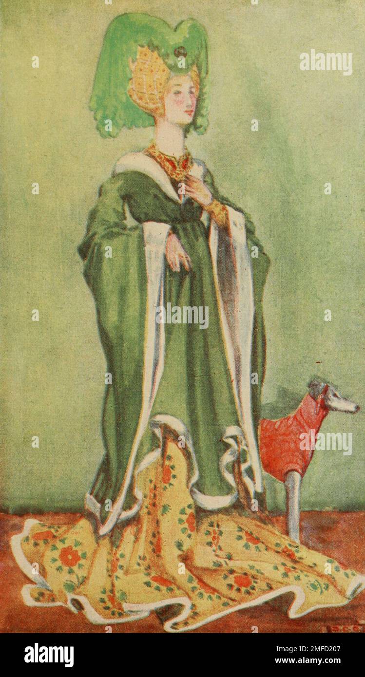 Une femme de l'époque de Henri VI (1422 - 1461) sa tête-robe est très haute, et au-dessus de elle est une couleur et jaged soie wimple, une nouvelle innovation, étant un changement des siècles de blanc linges câpres. Sa taille est haute, après une longue période de waists bas. D'après le livre « English Costume » de Dion Clayton Malthrop, 1878-1937 Date de publication 1907 Éditeur London, A. & C. Black Banque D'Images