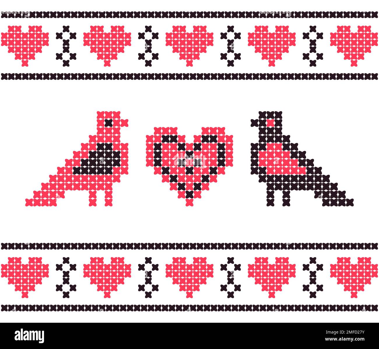 Dragobete, tradition roumaine de la Saint-Valentin. Motif point de croix avec couple coeurs et oiseaux. Illustration vectorielle. Illustration de Vecteur