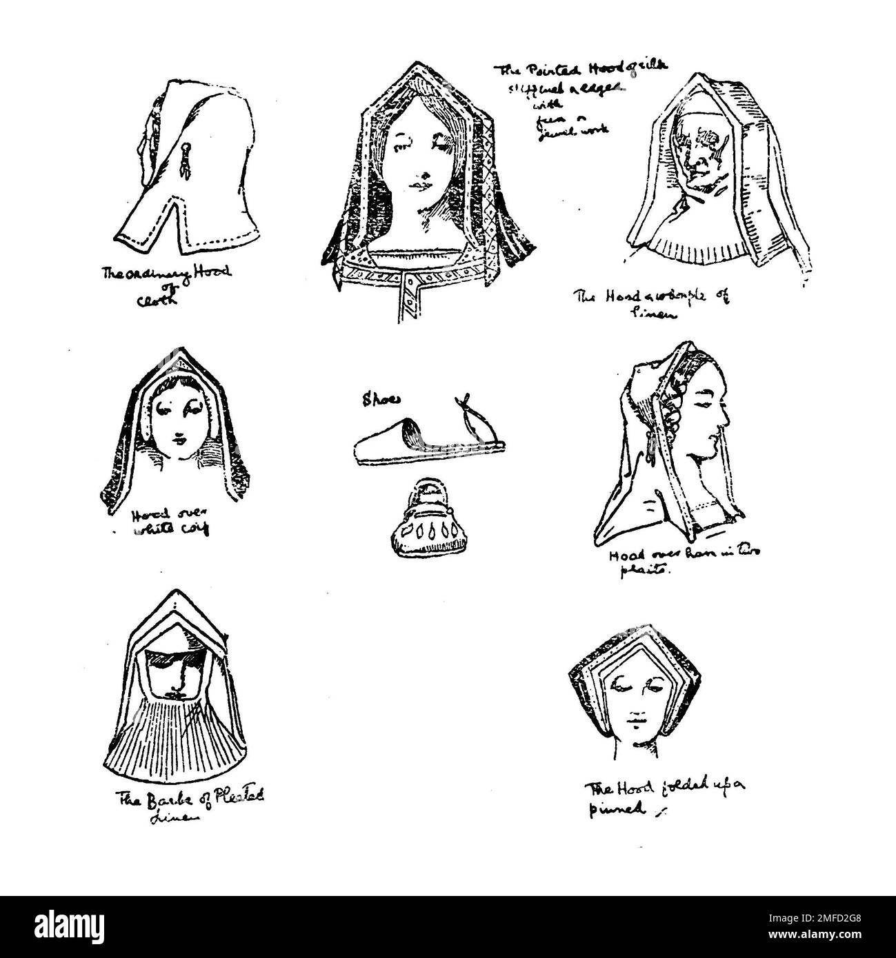 Dessin de ligne de 15th siècle de l'adresse du livre ' costume anglais ' par Dion Clayton Malthrop, 1878-1937 Date de publication 1907 Éditeur London, A. & C. Black Banque D'Images