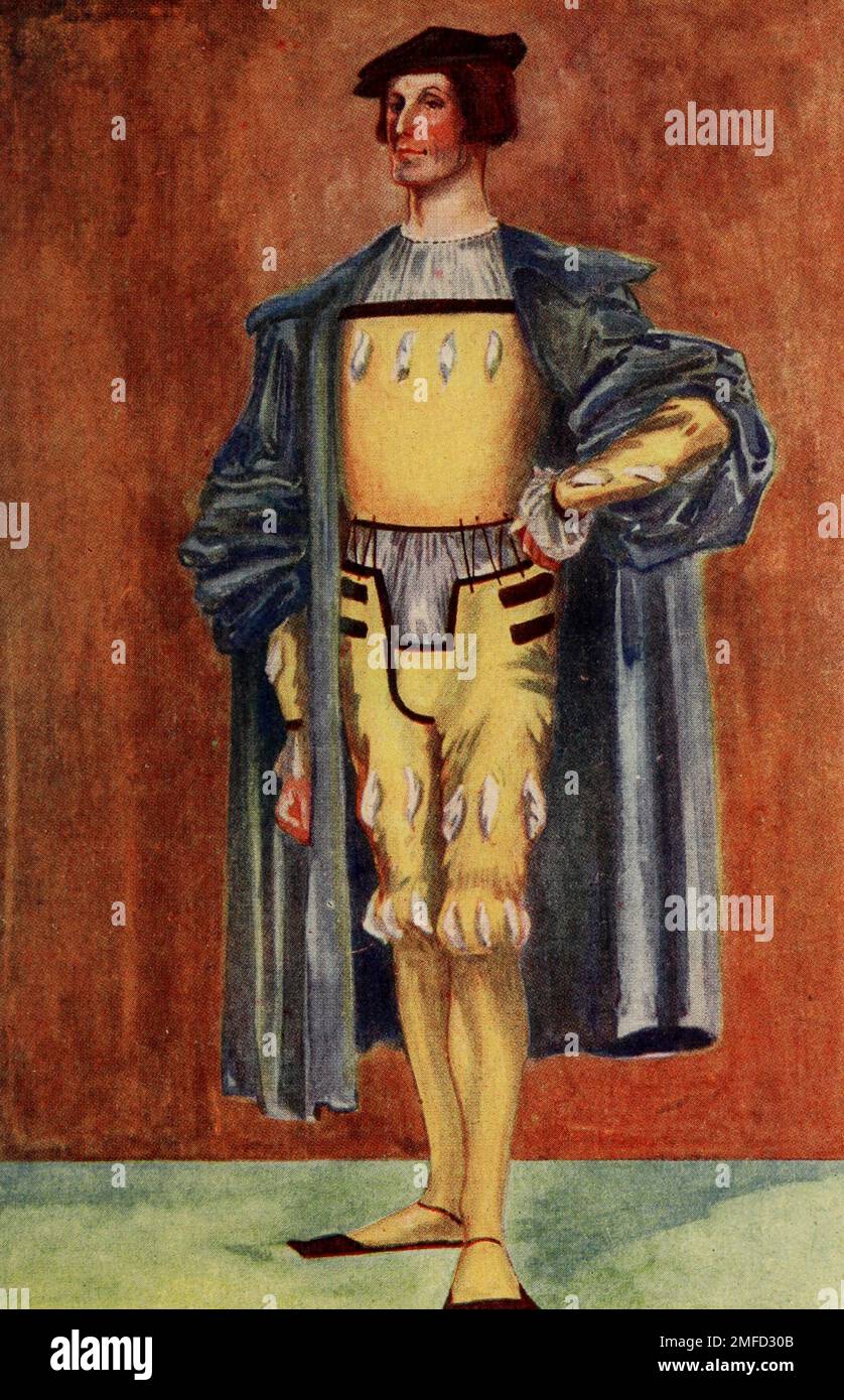 Un homme de l'époque de Henri VIII (1509 - 1547) c'est l'extrême mode allemand-anglais. En Allemagne et en Suisse, le livre « English Costume » de Dion Clayton Malthrop, 1878-1937 Date de publication 1907 Éditeur London, A. & C. Black a été mis en valeur Banque D'Images