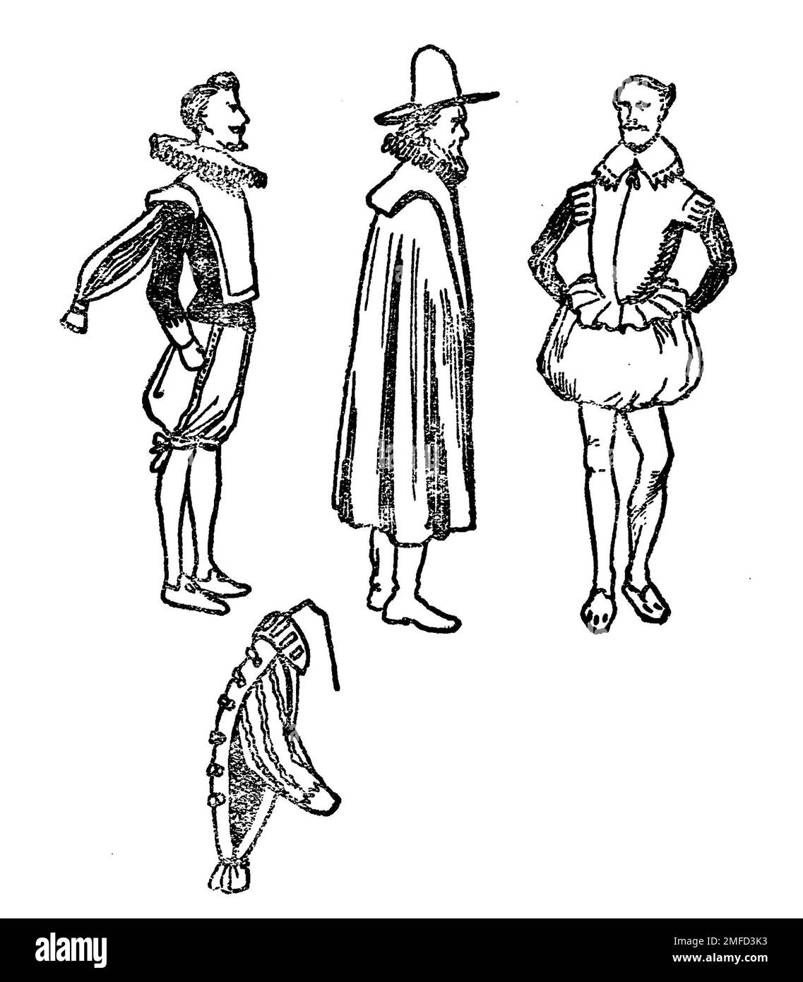 Costumes d'hommes sous le règne de la reine Elizabeth, tiré du livre « English Costume » de Dion Clayton Malthrop, 1878-1937 Date de publication 1907 Éditeur London, A. & C. Black Banque D'Images