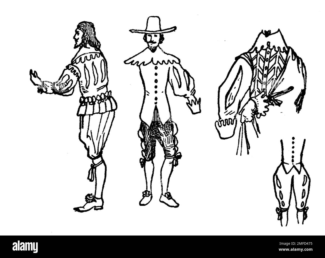 Dessin de ligne de vêtements pour hommes sous le règne de Charles I du livre ' costume anglais ' par Dion Clayton Malthrop, 1878-1937 Date de publication 1907 Éditeur London, A. & C. Black Banque D'Images