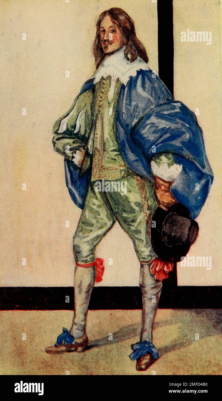 Homme de l'époque de Charles I. (1625—1649) il a enveloppé son manteau bleu sur son bras, une méthode habituelle de transport du manteau. Il est simplement habillé, sans bunches de rubans ou de points. D'après le livre « English Costume » de Dion Clayton Malthrop, 1878-1937 Date de publication 1907 Éditeur London, A. & C. Black Banque D'Images