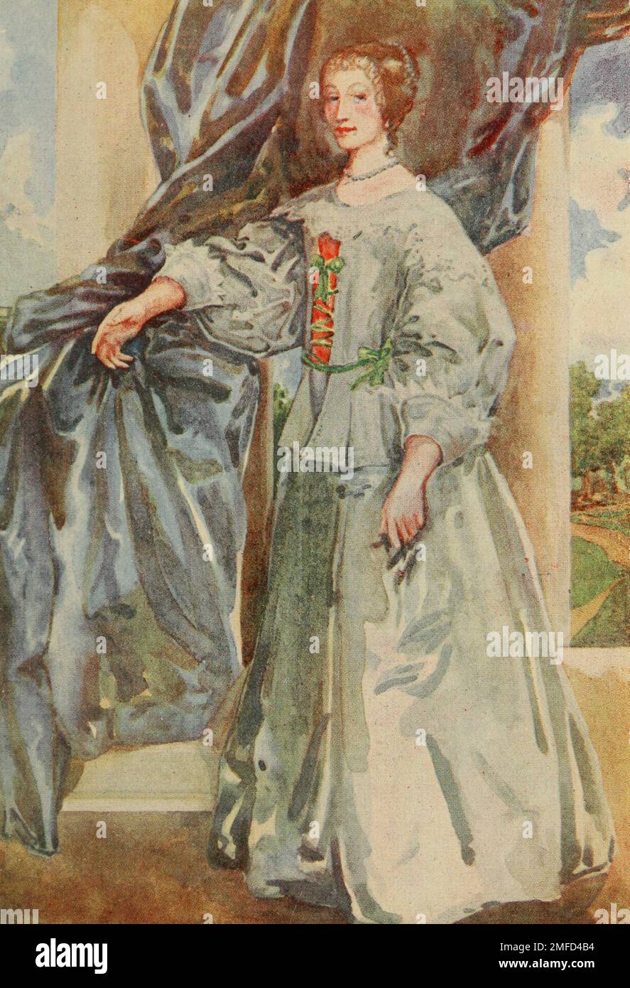 Une femme de l'époque de Charles I. (1625—1649) remarquez le col large et les poignets profonds. La robe est simple mais riche. Le corsage est lacé de la même couleur que la ceinture étroite. Les cheveux sont disposés en une série de boucles élaborées sur le front. D'après le livre « English Costume » de Dion Clayton Malthrop, 1878-1937 A Woman Date de publication 1907 Éditeur London, A. & C. Black Banque D'Images