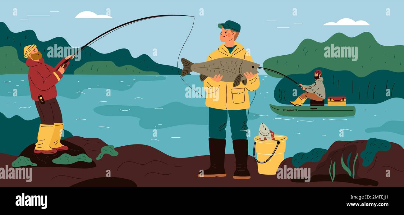 Des gens heureux en voyage de pêche. Les barres en fonte des pêcheurs tirent la carpe. Homme attrapant la perche. Activités en plein air en été. Travail et passe-temps. Paysage de rivière ou de lac Illustration de Vecteur