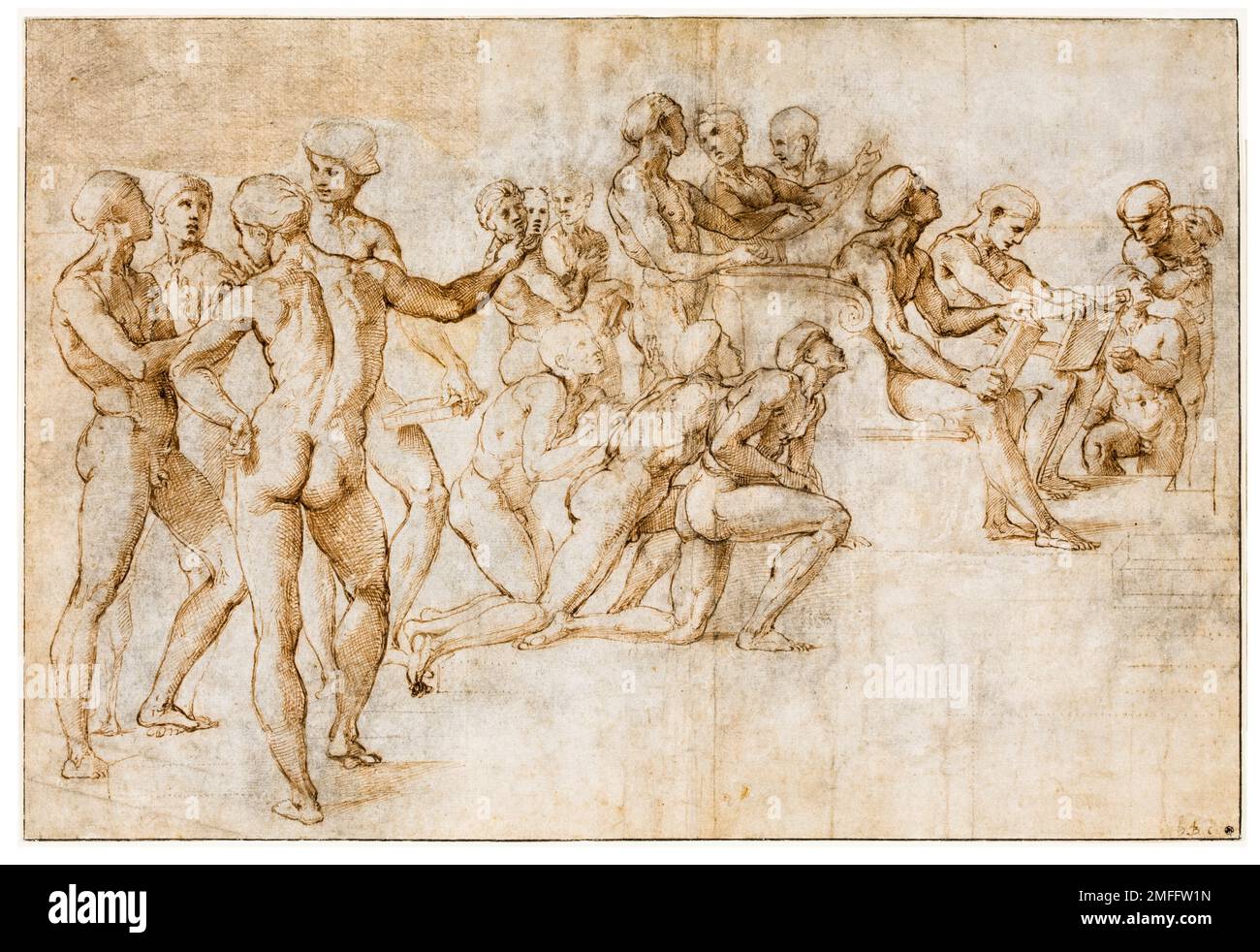 Raphael (Raffaello Sanzio da Urbino) dessin, étude pour la section inférieure gauche de la Disputa, plume et encre avec pointe de plomb, 1508-1509 Banque D'Images