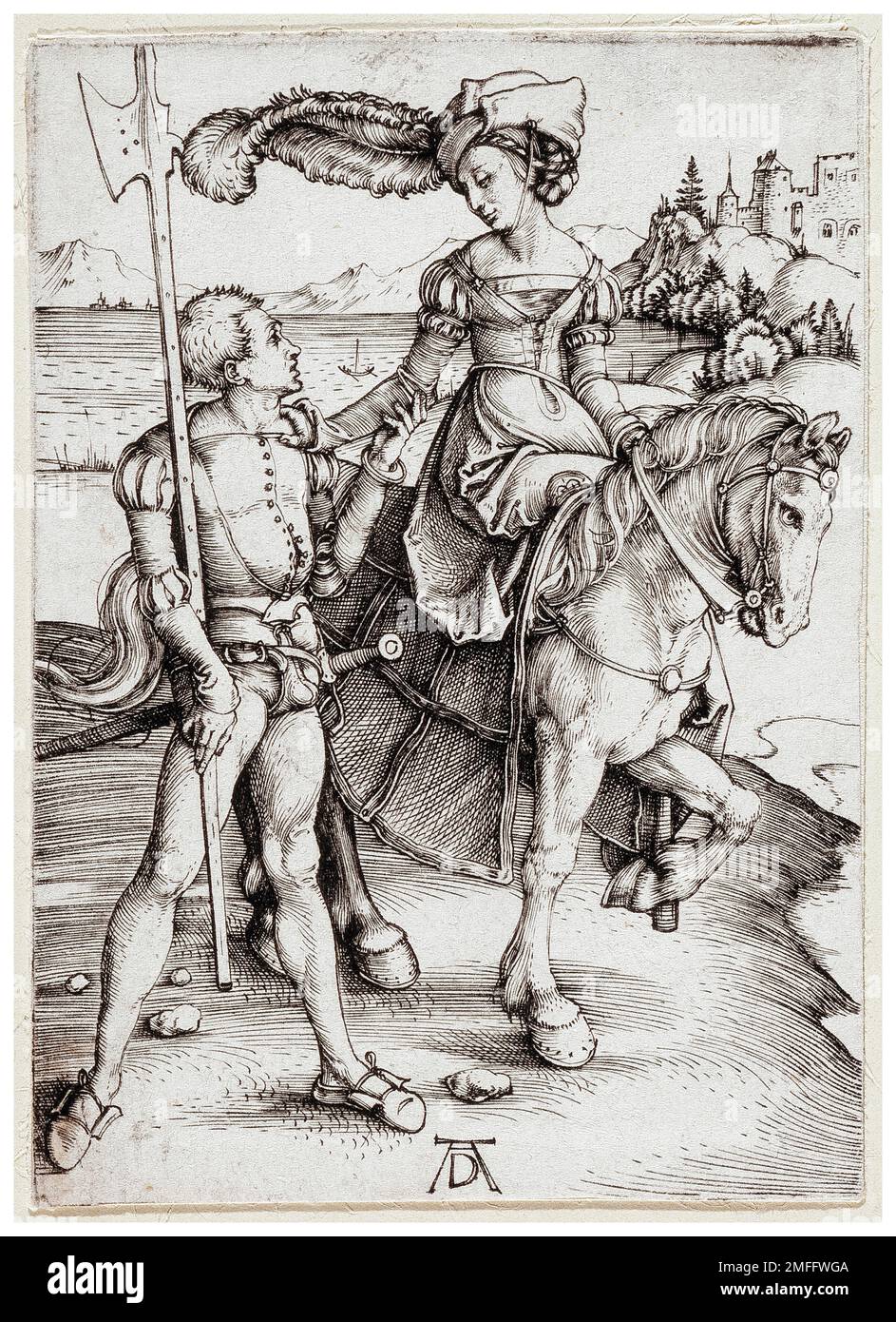 Albrecht Durer, le Damsel sur l'équitation et le Landsknecht, gravure de copperplate, vers 1497 Banque D'Images