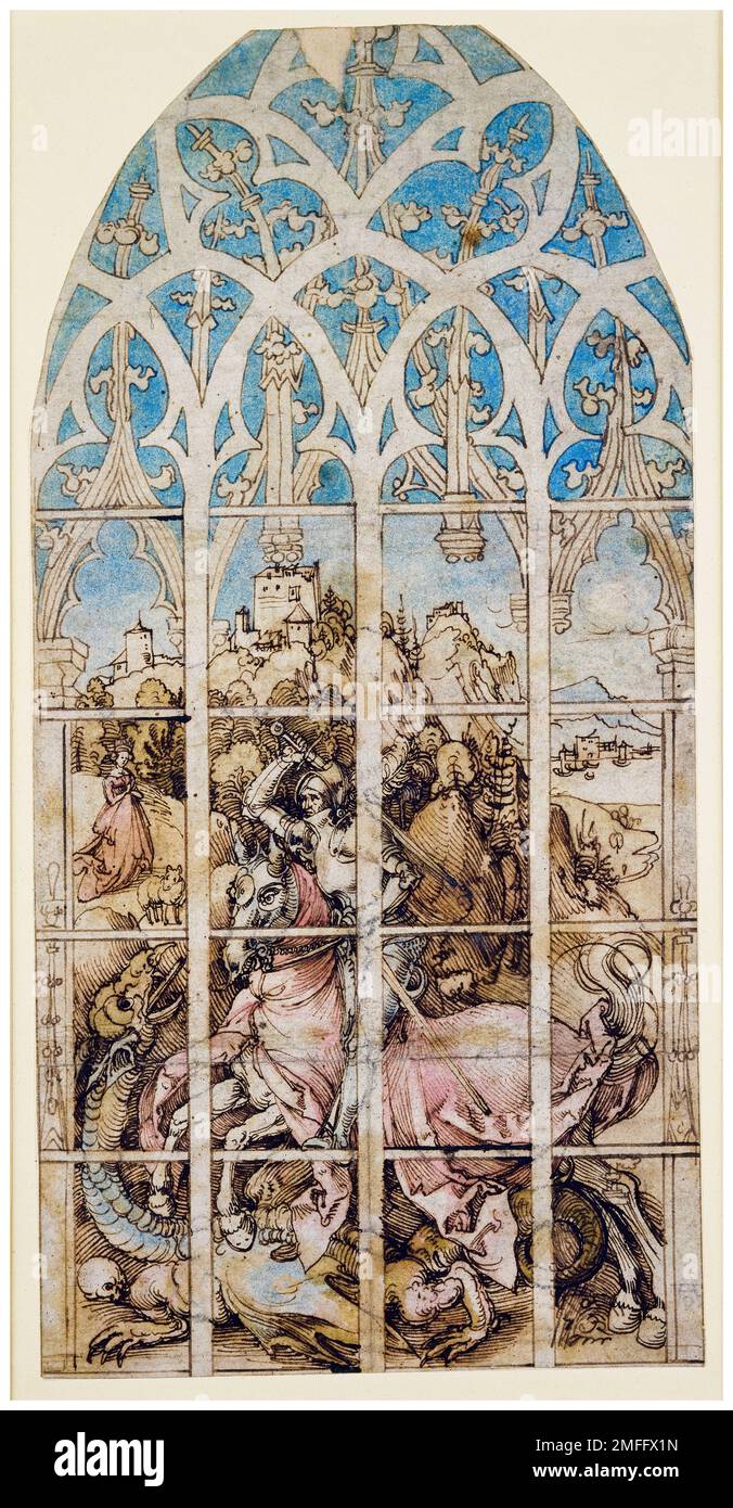 Croquis pour une peinture de verre avec St George et le Dragon par Albrecht Durer, médias mixtes, 1496-1498 Banque D'Images