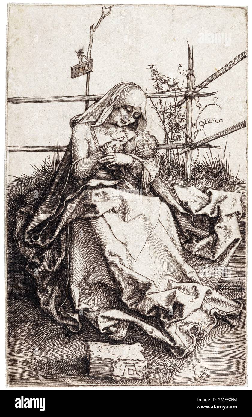 Albrecht Durer, Madonna on a Grassy Bench, gravure en copperplate, 1503 Banque D'Images