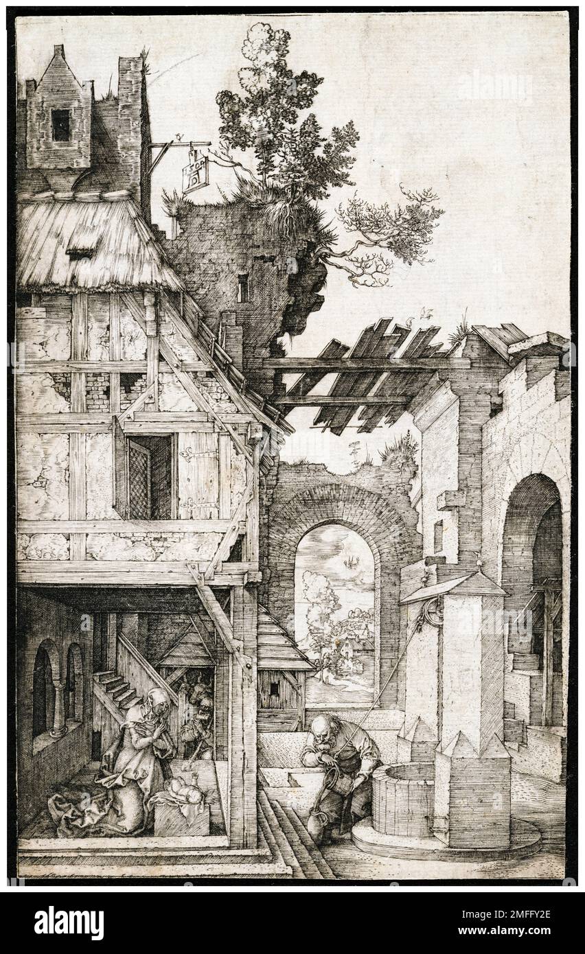 Albrecht Durer, la Nativité, gravure de copperplate, 1504 Banque D'Images