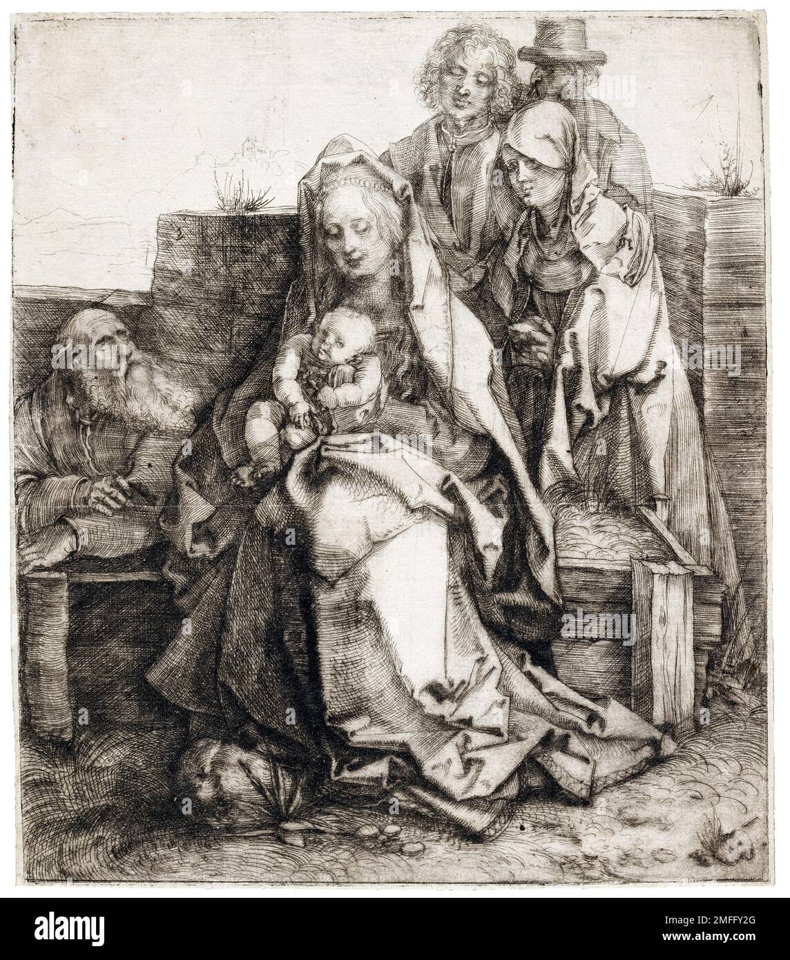 Albrecht Durer, Sainte famille avec Saint Jean, la Madeleine, et Nicodème, gravure en point sec, 1512-1513 Banque D'Images