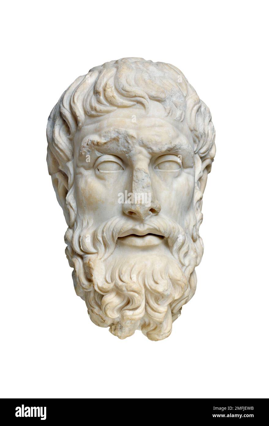 Tête de philosophe grec classique antique, face en marbre d'Epikouros, vue de face isolée Banque D'Images