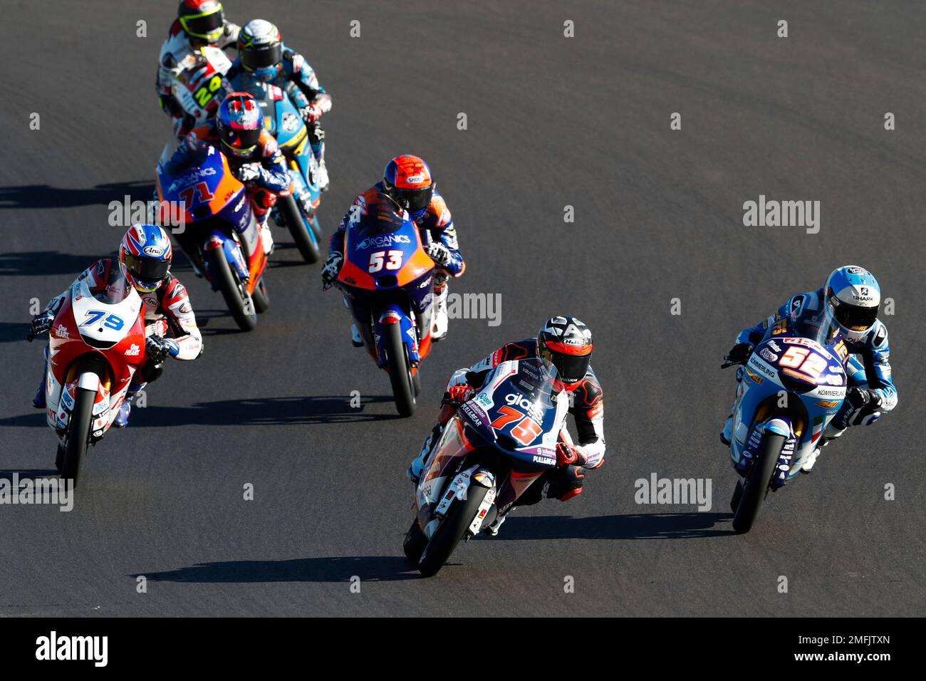 Moto3 rider Albert Arenas of Spain, competes ahead of Jeremy Alcoba of Spain, Ai Ogura of Japan, Deniz Oncu of Turkey and Ayumu Sasaki of Japan during the Portuguese Motorcycle Grand Prix, the last race of the season, at the Algarve International circuit near Portimao, Portugal, Sunday, Nov. 22, 2020. (AP Photo/Armando Franca) Banque D'Images