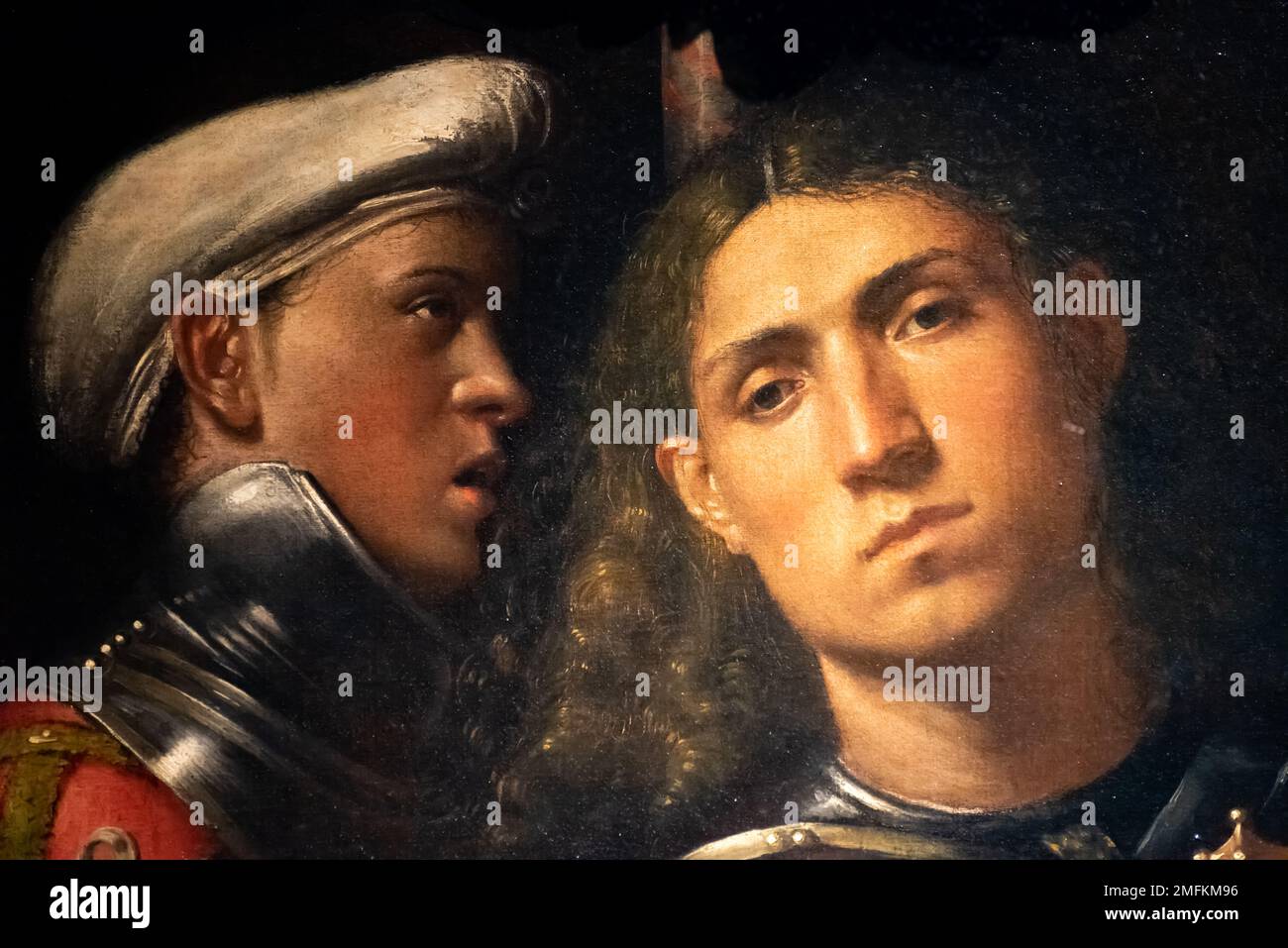 Détail de la peinture de la Renaissance qui représente deux jeunes soldats Banque D'Images