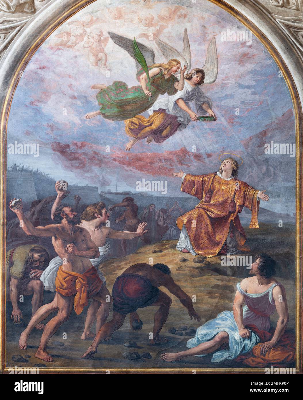 BIELLA, ITALIE - 15 JUILLET 2022 : la fresque de la lapidation de Saint Stephen dans la cathédrale (Duomo) par Giovannino Galliari (1784). Banque D'Images