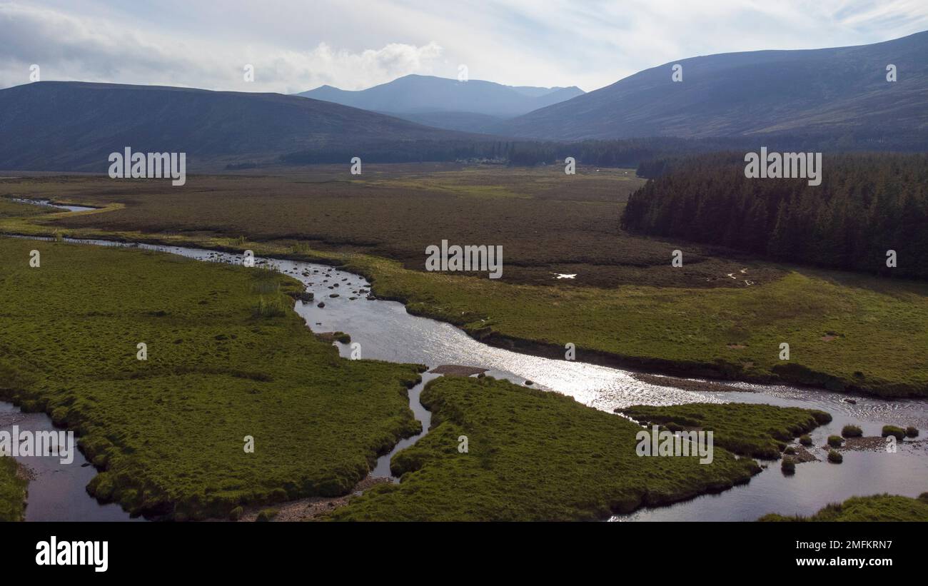 Vue aérienne sur la rivière Muick et la forêt de pins sur le domaine Balmoral dans le parc national de Cairngorms dans les Highlands écossais d'Écosse, Banque D'Images