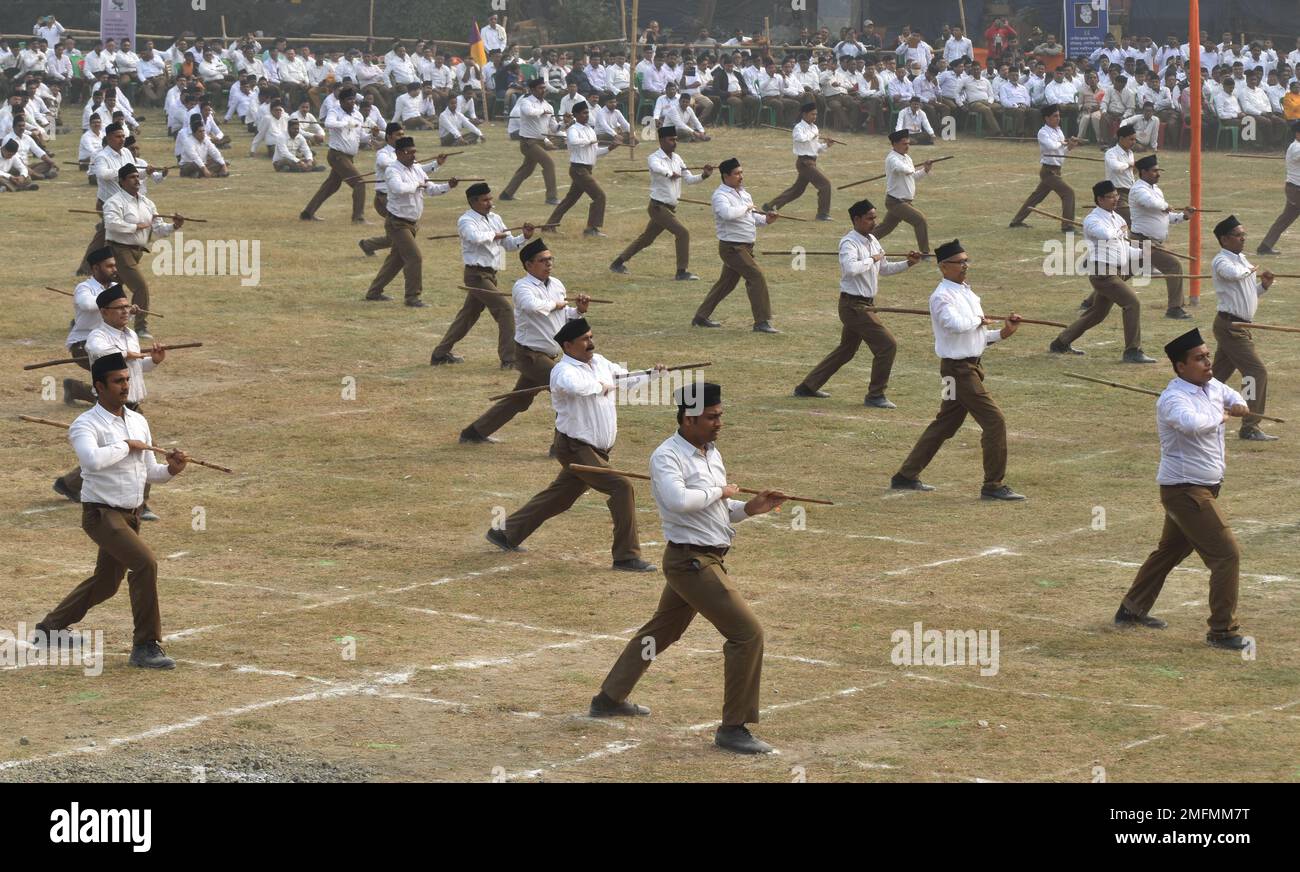 Kolkata, Inde. 23rd janvier 2023. L'organisation nationaliste hindoue Rashtriya Swayamsevak Sangh (RSS) a organisé un rassemblement pour marquer l'anniversaire de naissance 126th de Netaji Subhash Chandra Bose à Kolkata, en Inde, le 23 janvier 2023. RSS le chef Mohan Bhagwat était présent là. (Photo de Sayantan Chakraborty/Pacific Press/Sipa USA) crédit: SIPA USA/Alay Live News Banque D'Images