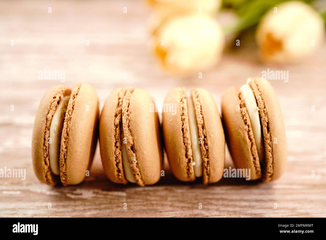 Macarons au caramel | fond macarons, mise au point sélective Banque D'Images