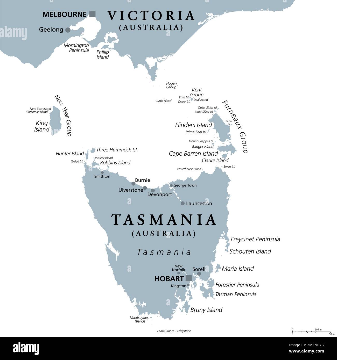 Tasmanie et ses environs, carte politique grise. État insulaire australien avec la capitale Hobart, au sud de Victoria et du continent australien. Banque D'Images