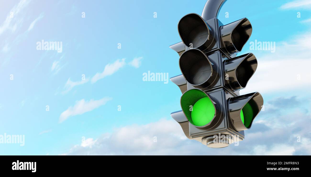 Concept de sécurité sur route. Feu vert, sémaphore suspendu avec signal vert Go sur fond ciel bleu nuageux, espace pour le texte. 3d rendu Banque D'Images