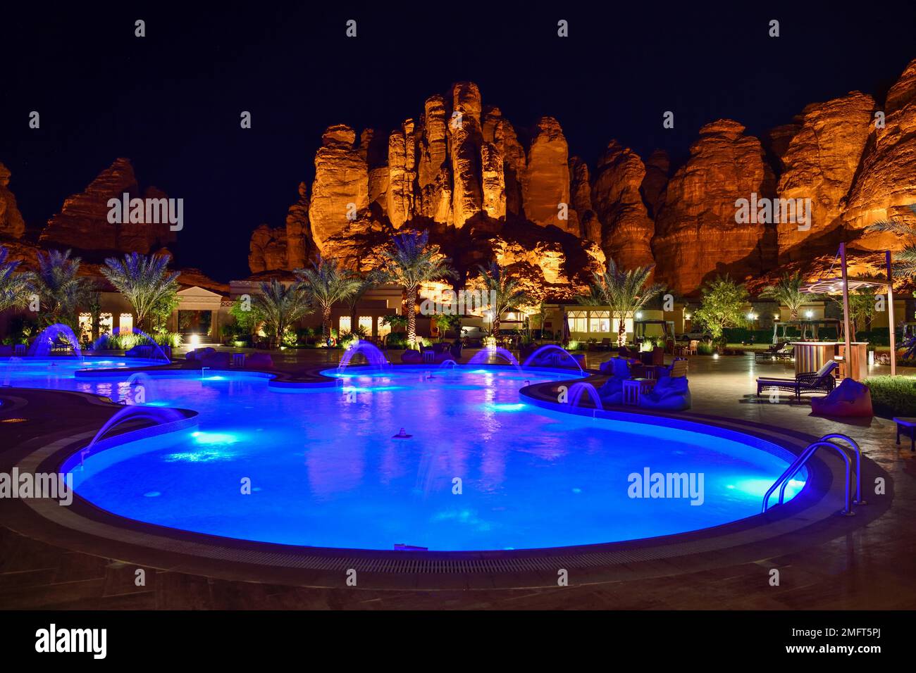 Shaden Resort de nuit, Alula, Médina province, Arabie Saoudite, Péninsule arabique Banque D'Images