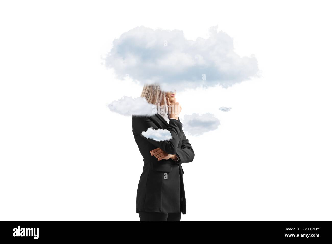 Femme d'affaires avec des nuages autour de sa tête isolée sur fond blanc Banque D'Images