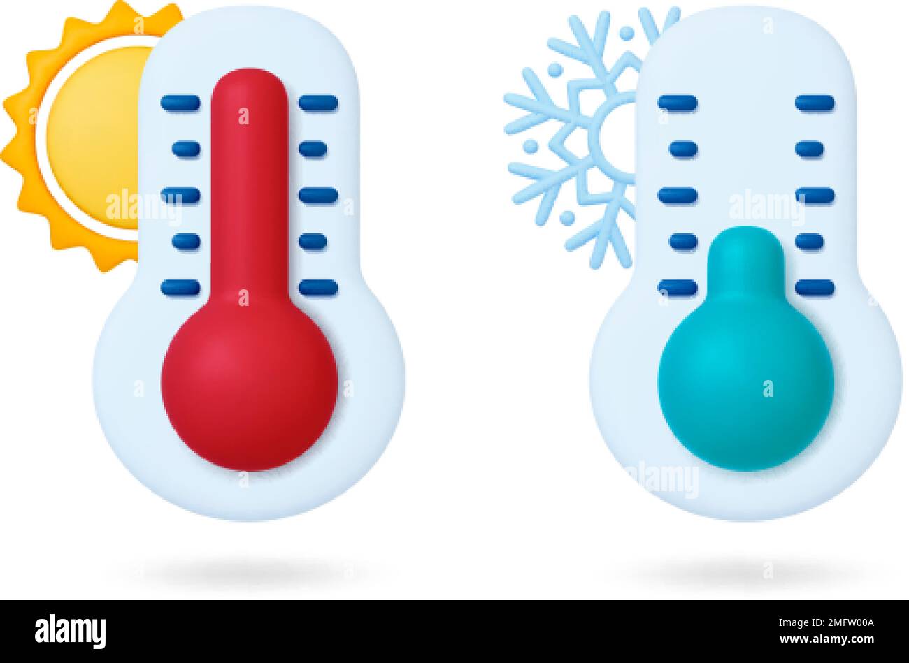 Thermomètre Meteorologie 3D, contrôle du degré météorologique. Chaleur et froid, température élevée et basse, signes de soleil et de flocon de neige, éléments vectoriels pithy Illustration de Vecteur