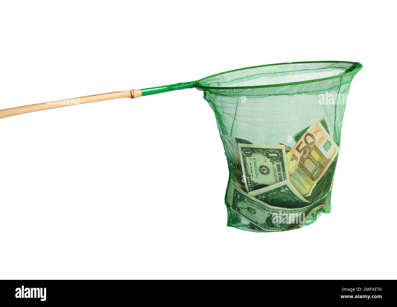 Différentes devises capturées dans un filet de pêche - symbole des investisseurs attirés (mise au point manuelle) Banque D'Images