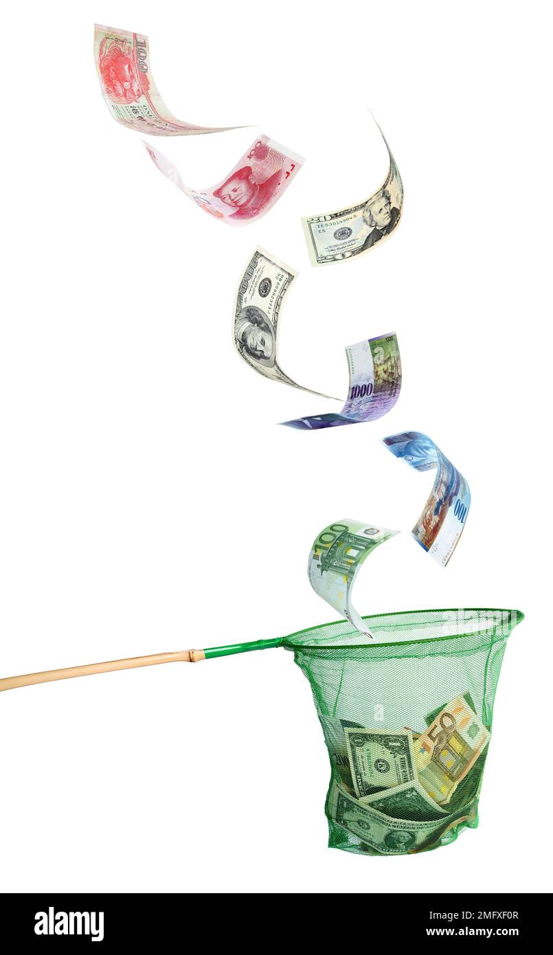 Différentes devises tombant dans un filet de pêche - symbole de l'investissement de leurre (mise au point manuelle) Banque D'Images