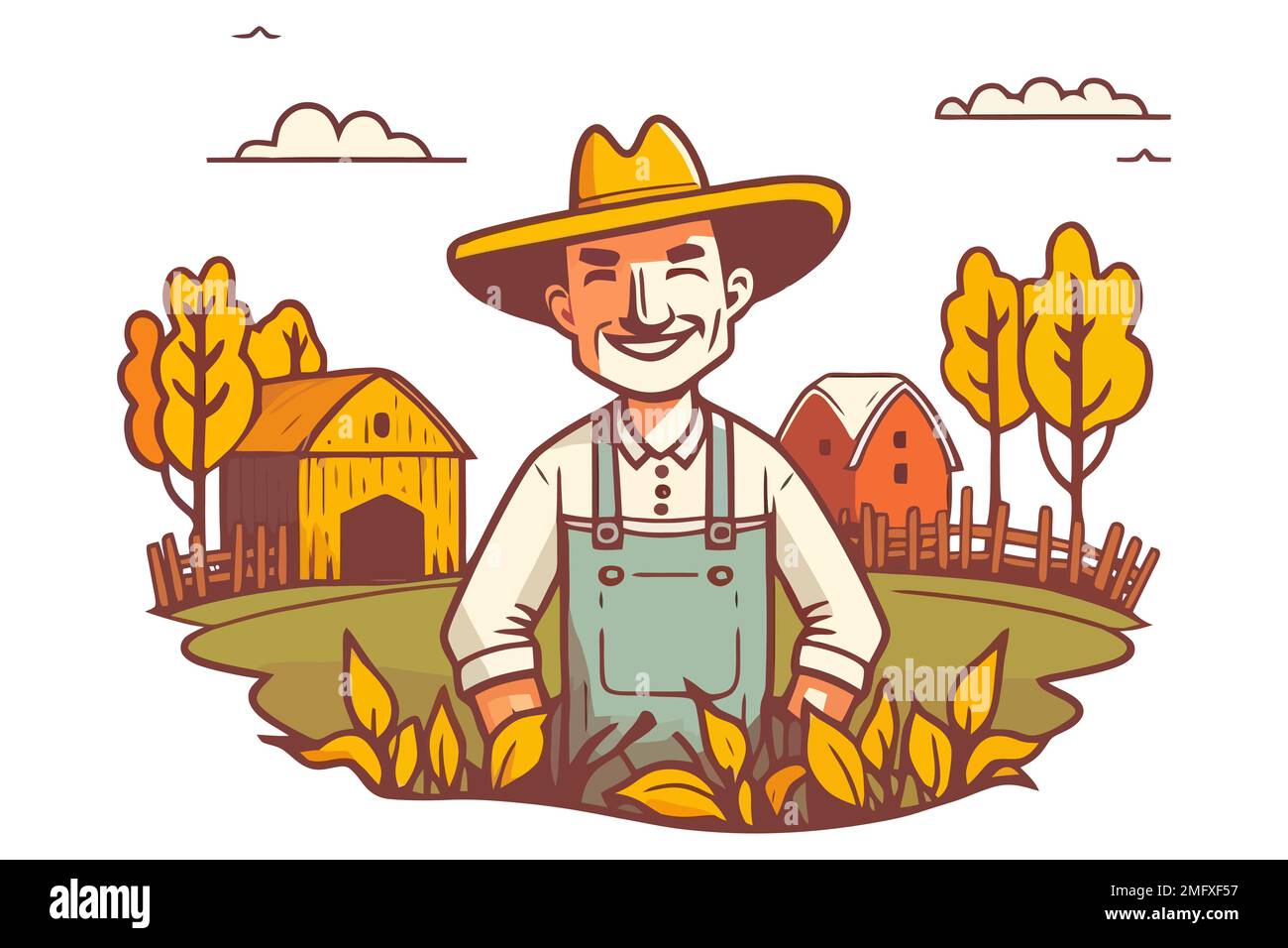 bon agriculteur sur le fond de sa ferme. grange et maison de ferme. illustration vectorielle plate. Illustration de Vecteur