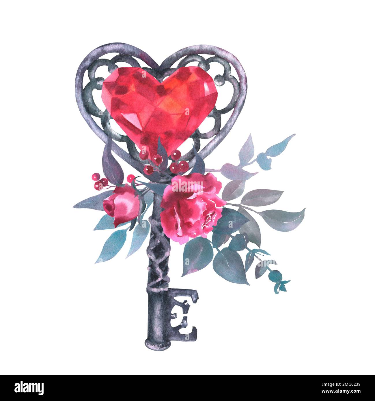 Ensemble aquarelle illustration avec ancienne clé en forme de coeur, coeur diamant cristal et roses et autres fleurs, isolé sur fond blanc. P COOL Banque D'Images