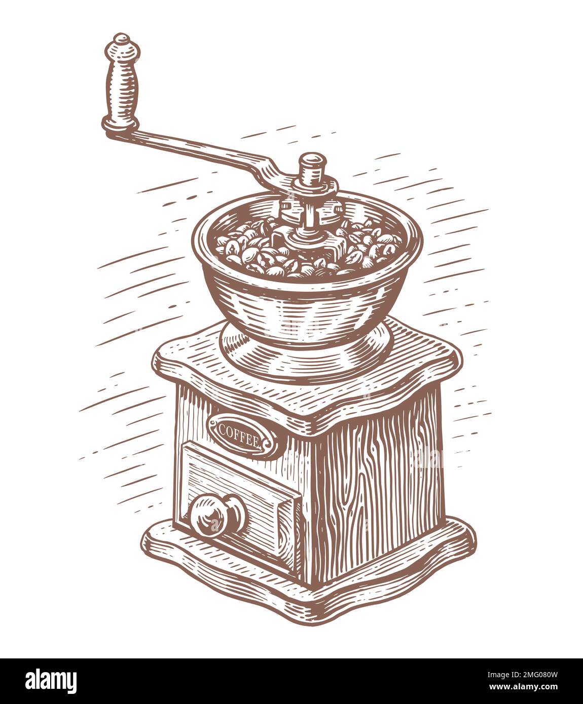 Moulin à café manuel pour moudre les grains de café. Ancien moulin à café rétro en bois dessiné à la main, avec une gravure vintage Illustration de Vecteur