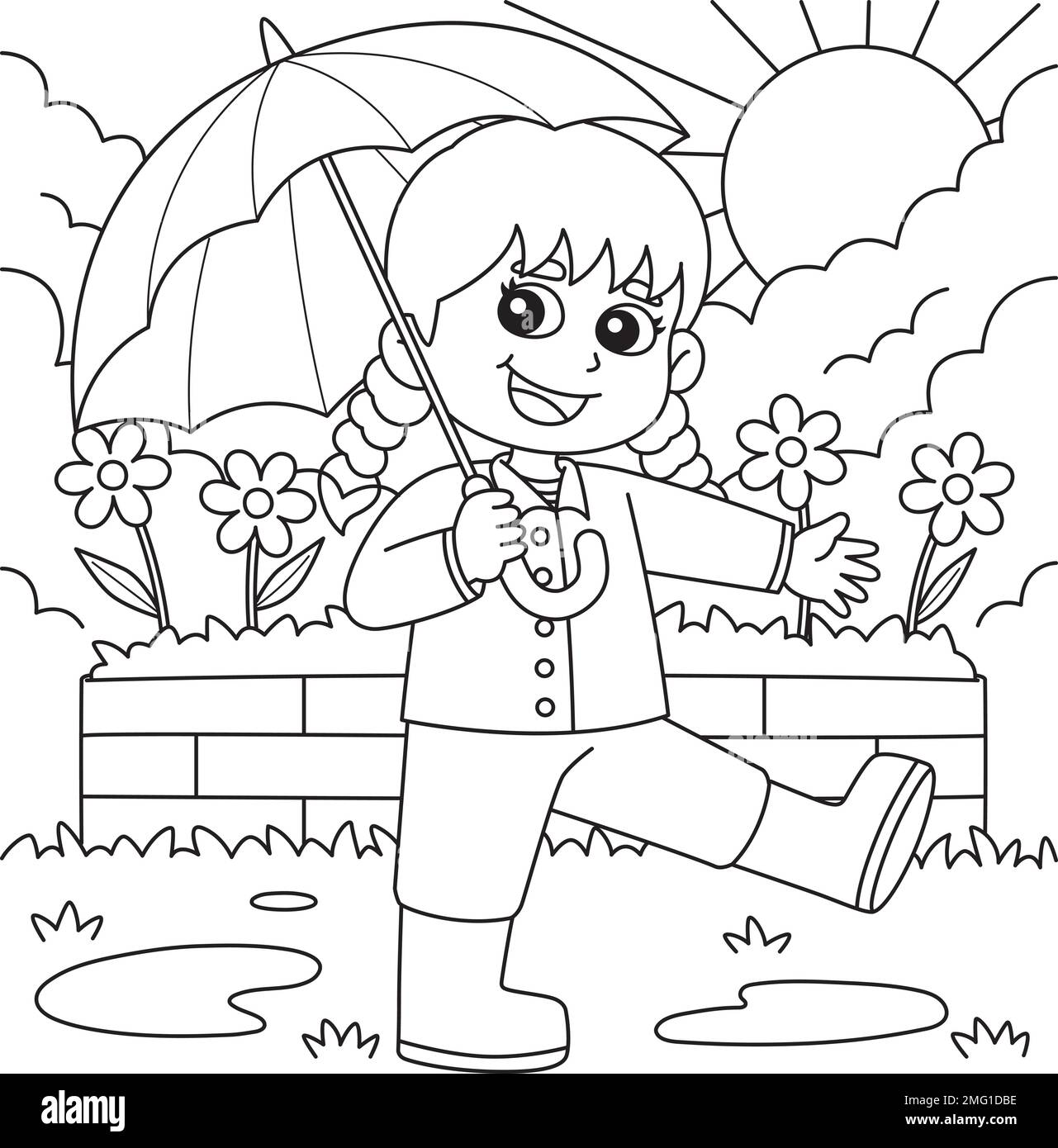 Spring Girl tenant une page de coloration de parapluie Illustration de Vecteur