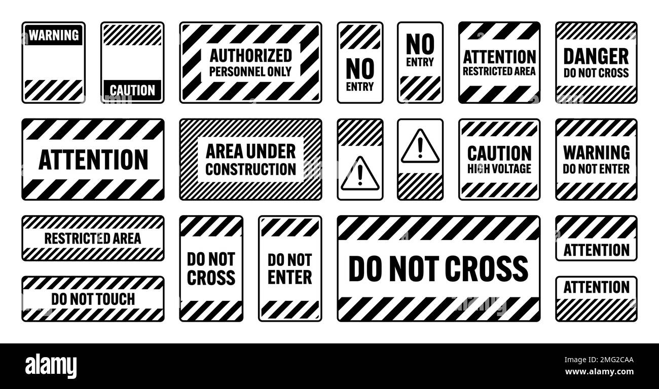 Divers panneaux d'avertissement noirs avec lignes diagonales. Panneau attention, danger ou attention, signalisation du chantier. Panneau de signalisation réaliste, avertissement Illustration de Vecteur