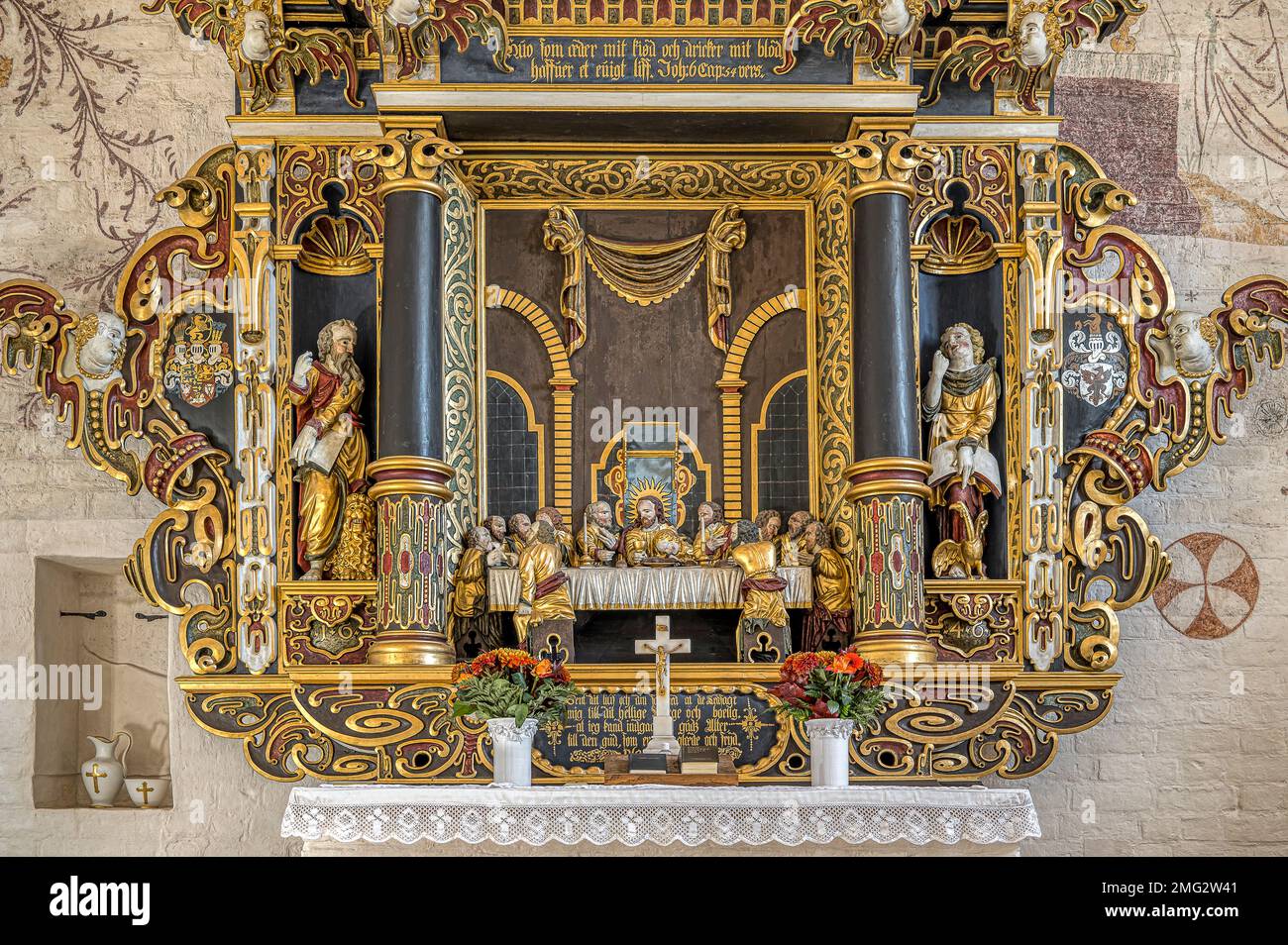 retable d'or avec le dernier souper dans l'église d'Elmelunde, Danemark, 10 octobre 2022 Banque D'Images