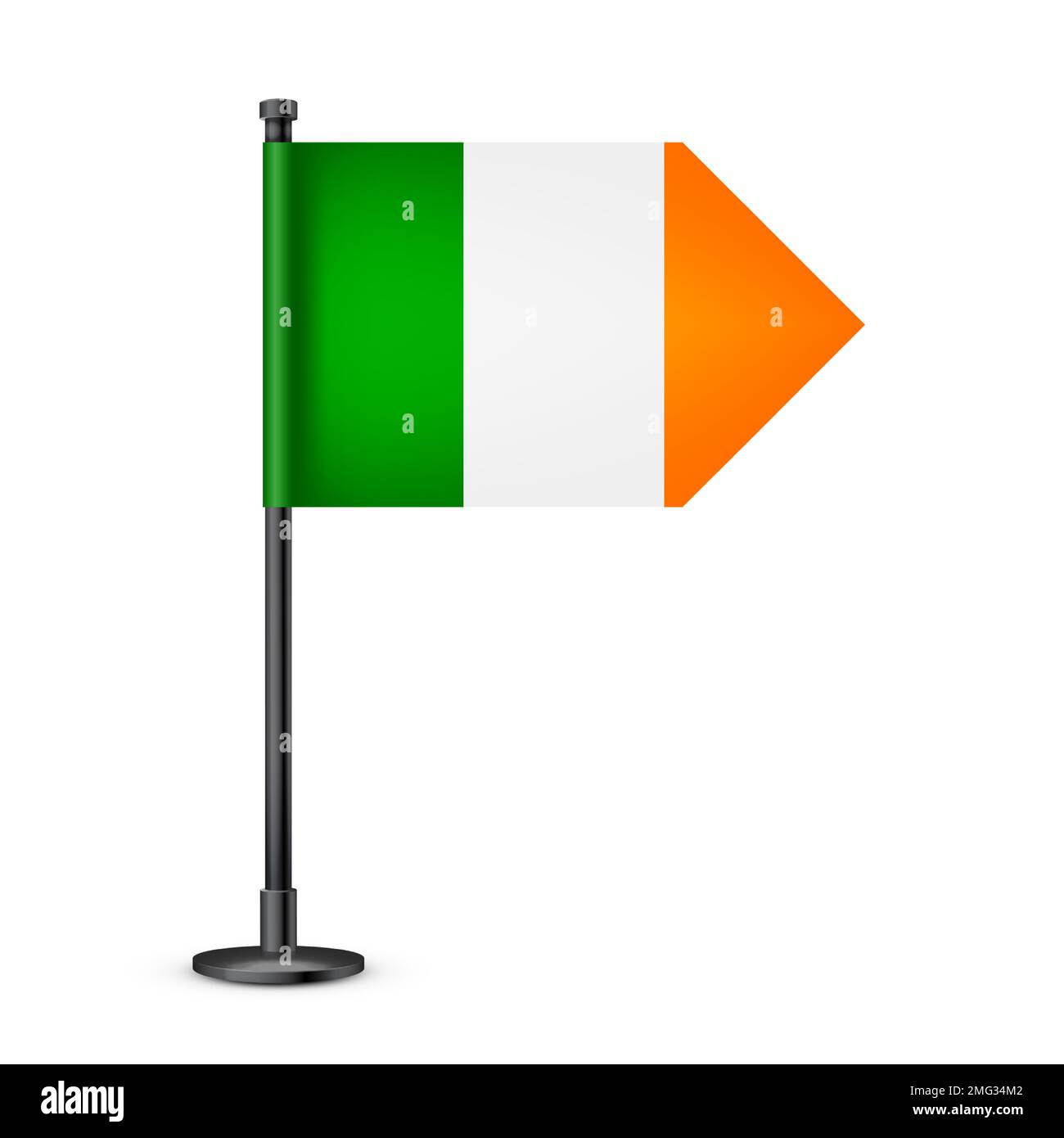 Drapeau de table irlandais réaliste sur un poteau en acier noir. Souvenir d'Irlande. Drapeau de bureau en papier ou en tissu et support en métal brillant. Maquette pour promotion Illustration de Vecteur